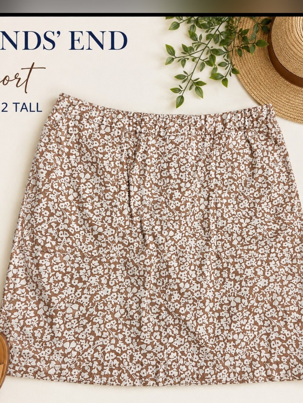 Lands' End Women's Floral Pull-On Skort Size 12 Tall Brown White Casual Golf